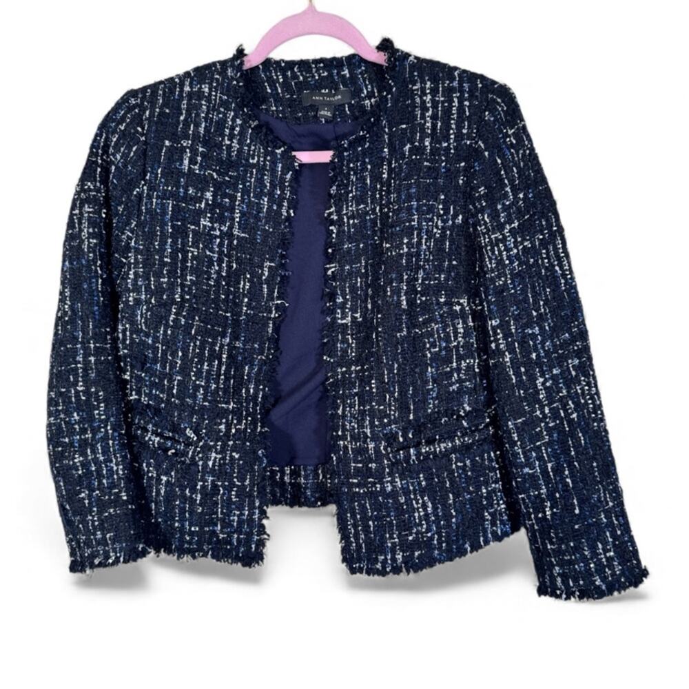 Ann Taylor Blue Black Tweed Fringe Blazer Jacket Womens 4 Preppy Academia Fall